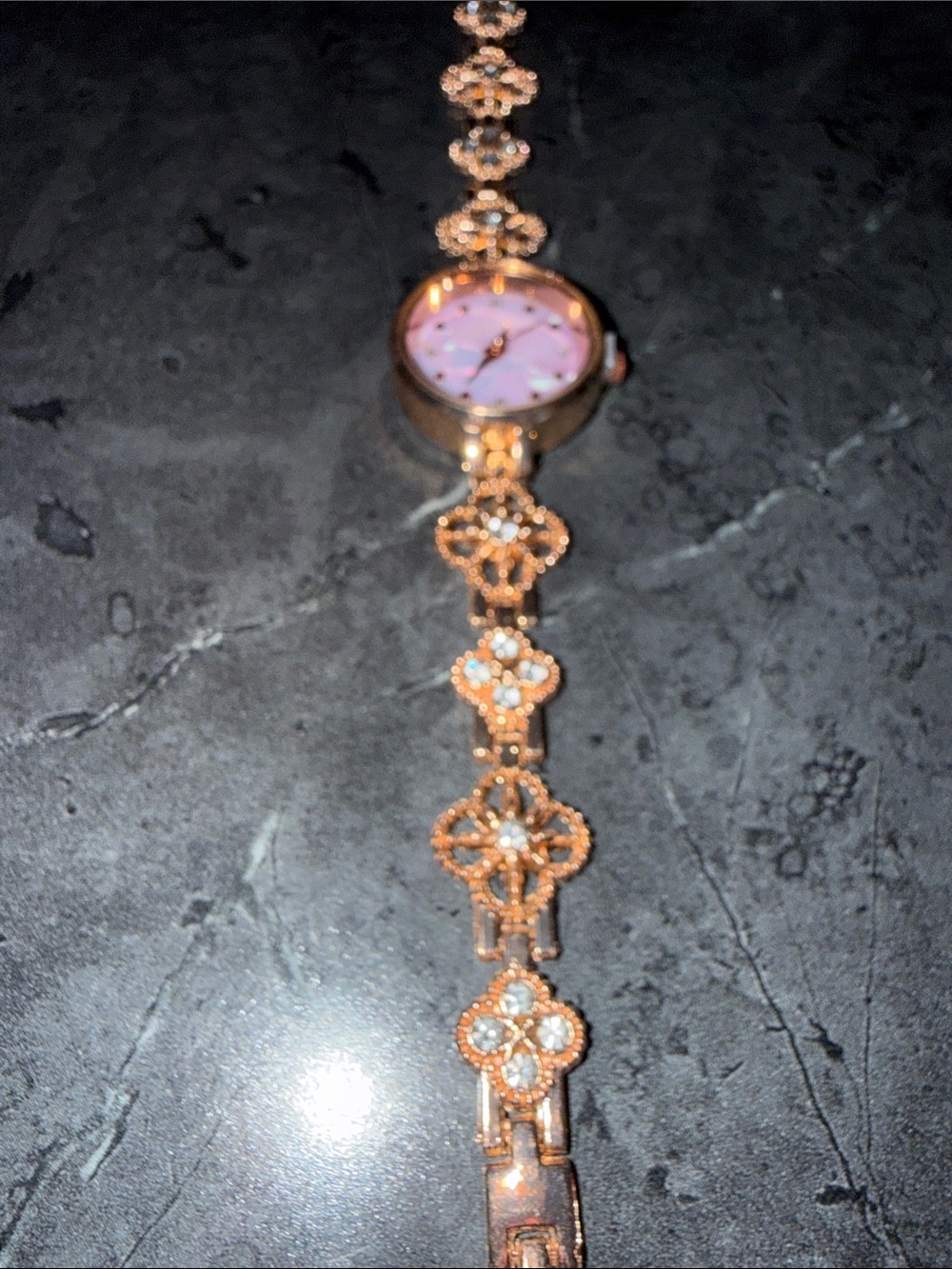 Delicate Rose Gold Floral Link Bracelet Watch with Pink/purple mother of pearl